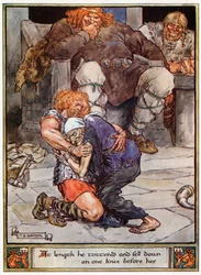 „W końcu zachwiał się i upadł przed nią na jedno kolano”, ilustracja z „Bohaterowie Asgardu, Opowieści z mitologii skandynawskiej”, A und E Keary, 1930